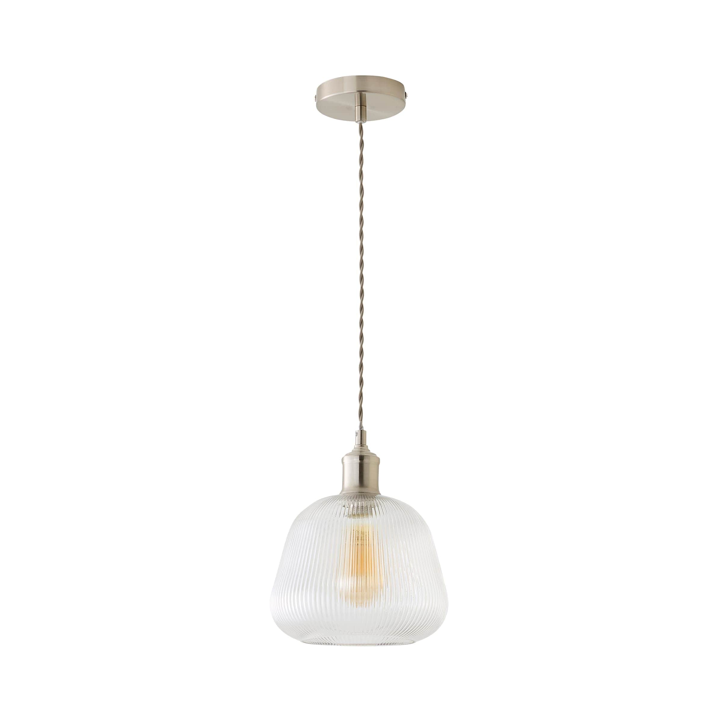 ValueLights Delora Ribbed Bell Glass Shade Single Ceiling Pendant Light & Bulb in Silver
