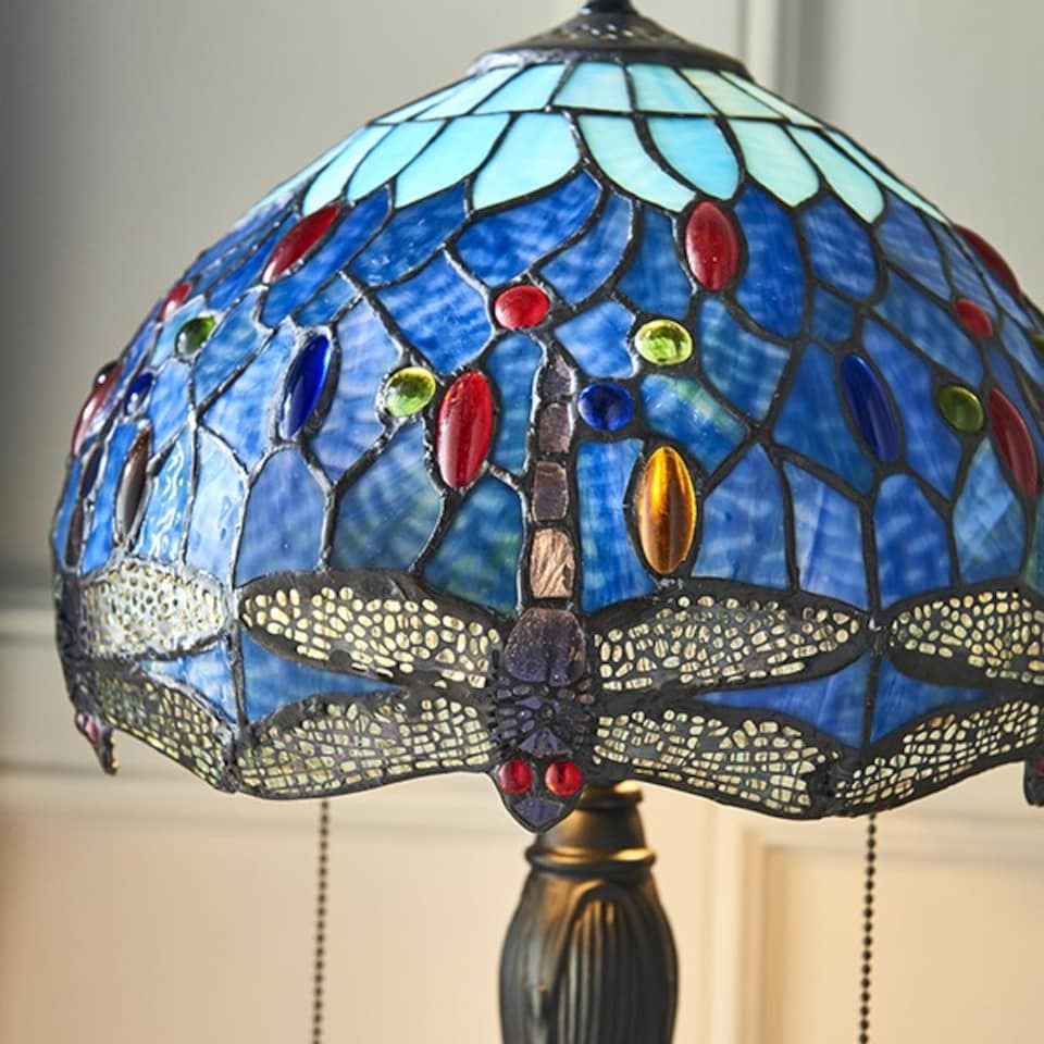 image 1 of Dragonfly 2 Light Small Table Lamp Dark Bronze, Blue, Tiffany Style Glass, E27