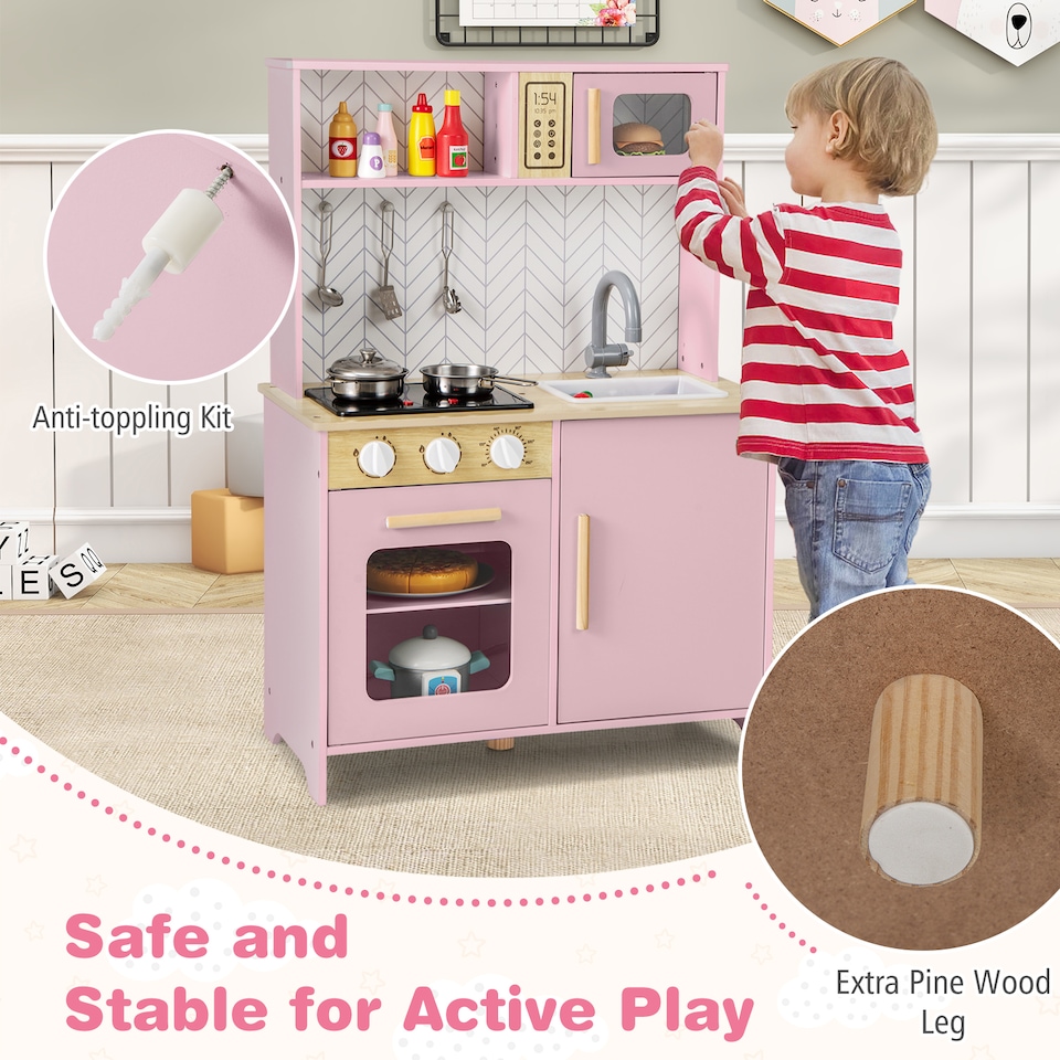 image 1 of COSTWAY Kids Kitchen Playset Pretend Play Kitchen Set with Sounds-Pink