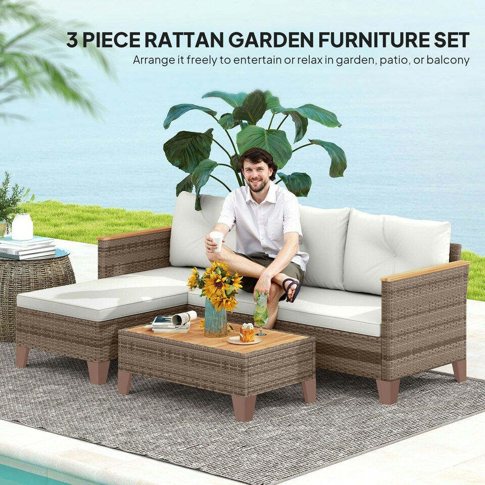image 1 of Outsunny L Shaped Garden Conversation Chaise Lounge Furniture, Cream