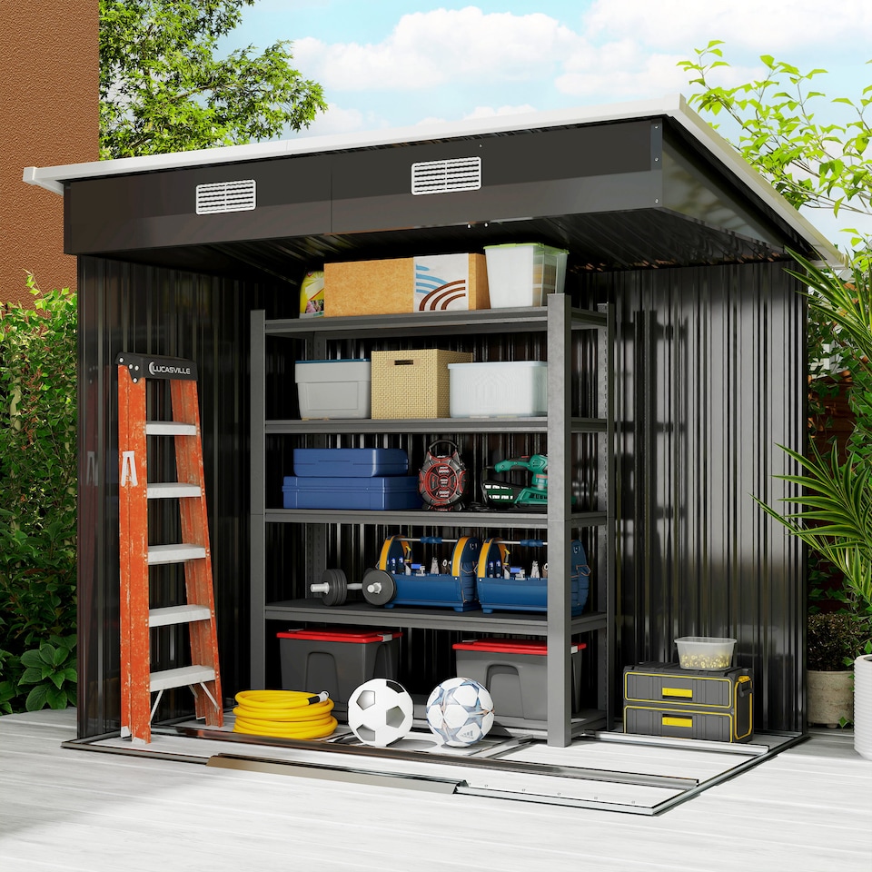 image 1 of Outsunny 7 x 4ft Outdoor Storage Shed, Lean to Metal Garden Shed with Foundation Kit for Log, Rubbish Bin, Tool, Lawnmower, Bike, Black