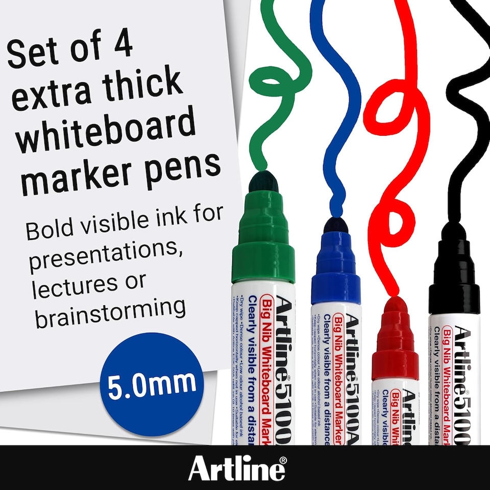 image 1 of Artline Big Nib Whiteboard Pens Bullet Tip 4 Pack Assorted
