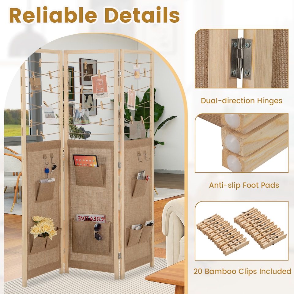 image 1 of COSTWAY 3 Panel Room Divider Folding Display Stand 8 Storage Pockets Natural
