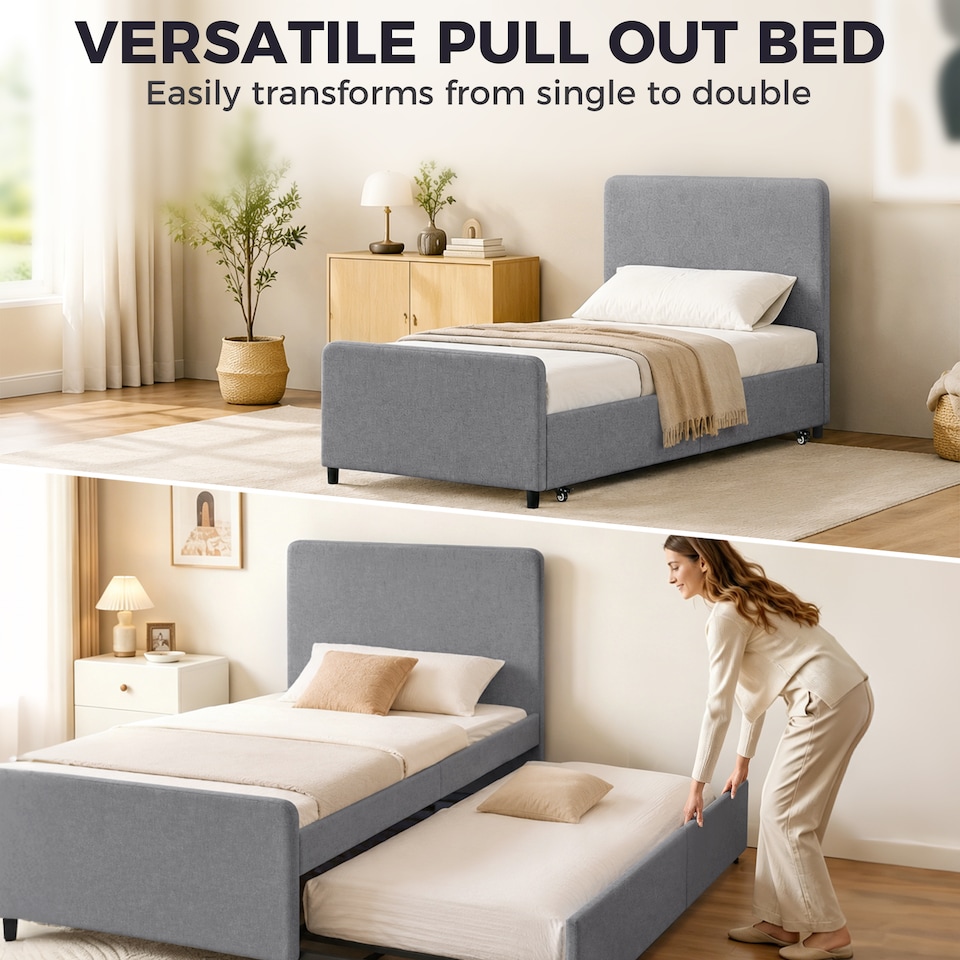 image 1 of HOMCOM 90 x 190 cm Upholstered Single Bed, Pull Out Trundle Bed