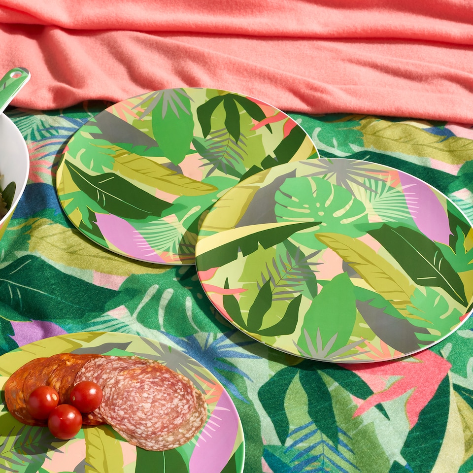 image 1 of OHS Summer Print Plastic Picnic Plates Set of 4 Lightweight Outdoor | Green | Colourful Palm