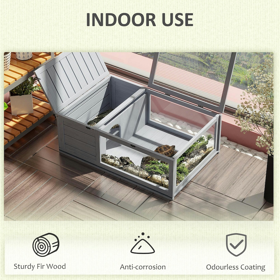 image 1 of PawHut Tortoise House w/ Mesh Roof, Small Pet Reptile Wooden House - Grey