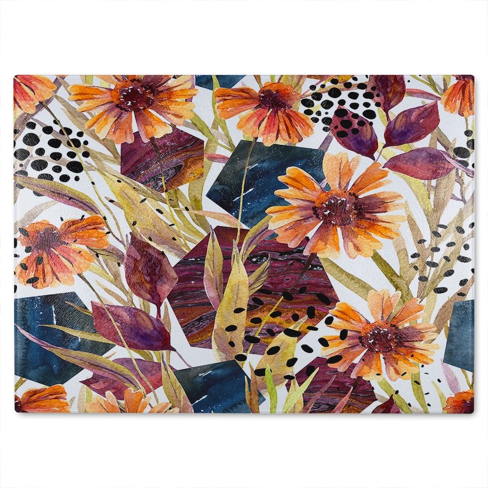 image 1 of Autumn Geometric Flowers Glass Chopping Board | Multi