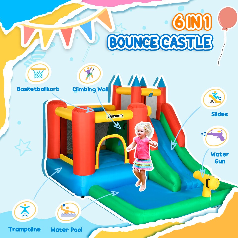 image 1 of Outsunny Kids Bouncy Castle w/ Slide Water Pool Climbing Wall & Trampoline