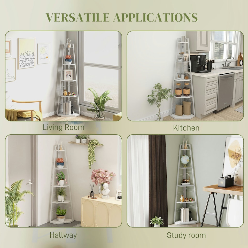 image 1 of HOMCOM 5-Tier Corner Shelf, Shelving Unit with Adjustable Feet, White White