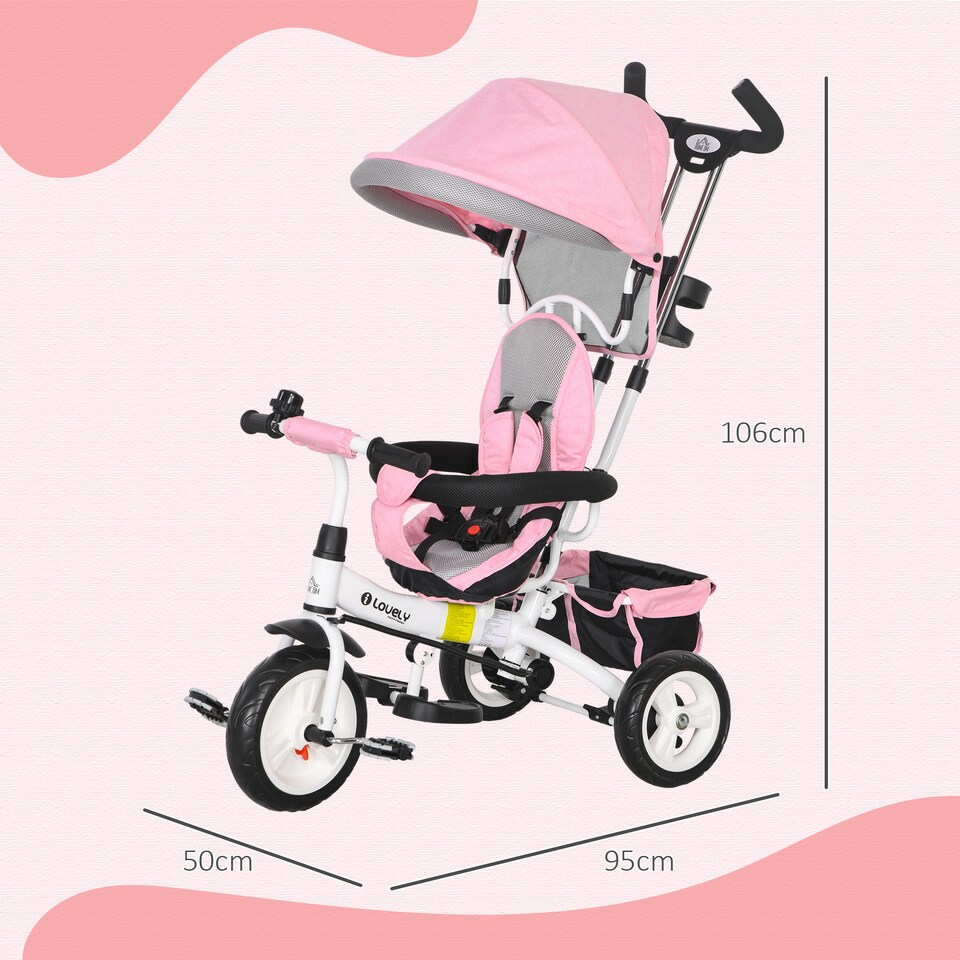 image 1 of HOMCOM 6 in 1 Trike, Kids Tricycle, Pedal Push Bike with Parent Handle, Removable Canopy, 5-Point Safety Belt, Storage, Footrest, Brake, for 1-5 Years Toddler, Pink