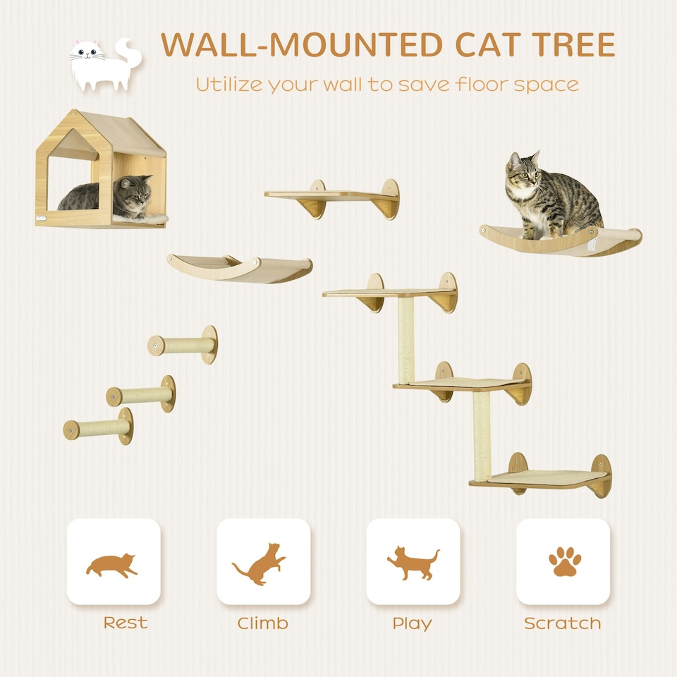 image 1 of PawHut Cat Wall Furniture Condo Perches Scratch Posts Steps 8 Piece Beige