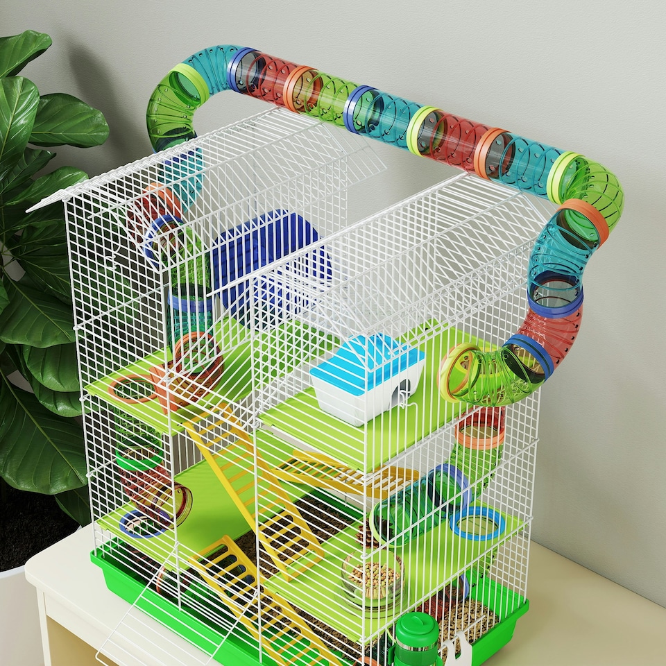 image 1 of PawHut 5 Tiers Hamster Cage Animal Travel Carrier Habitat, Green