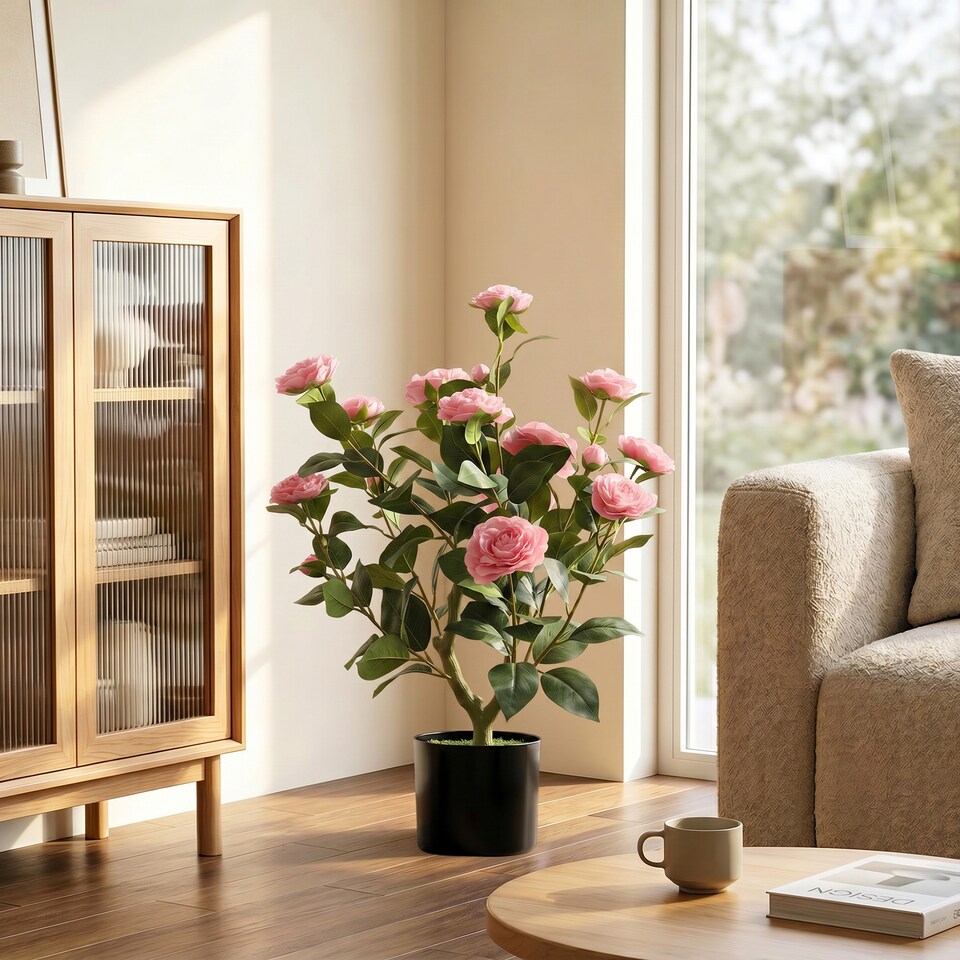 image 1 of HOMCOM 65cm Artificial Camellia Flower Plant with 116 Lush Leaves