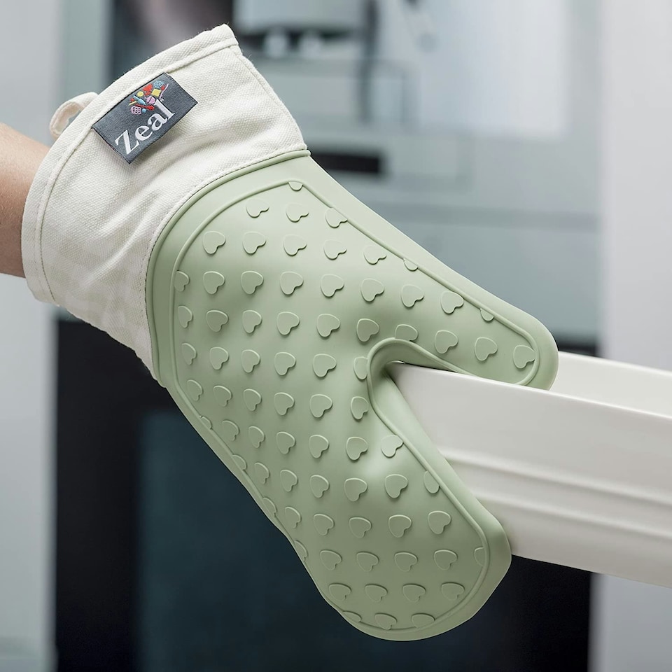 image 1 of Steam Stop™ Silicone Single Oven Glove, Gingham Green | Sage Green