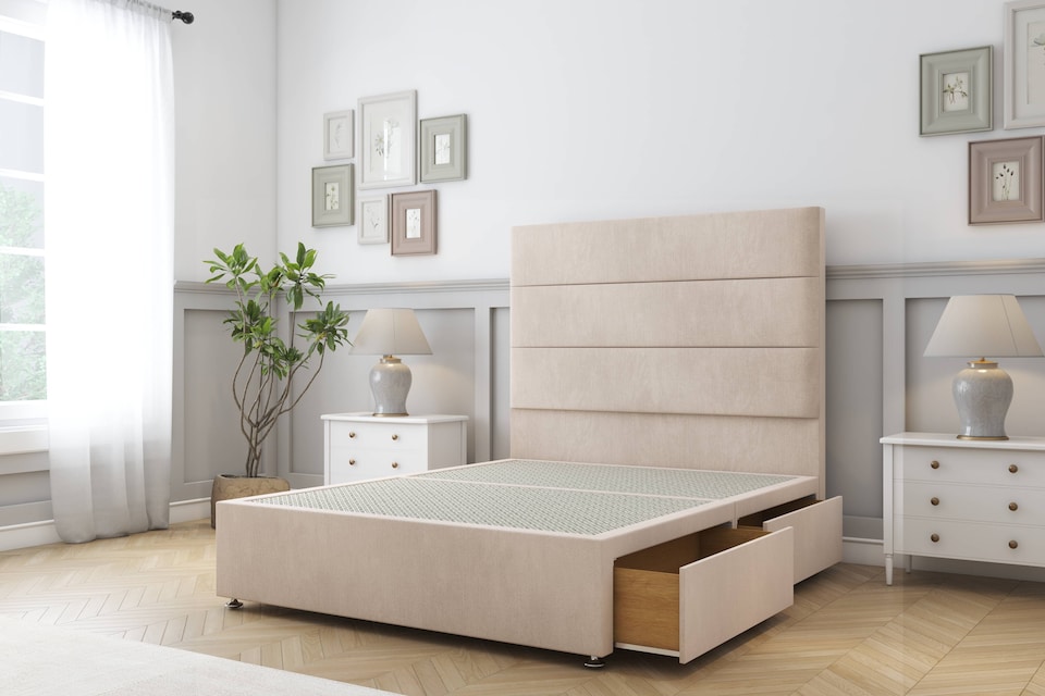 image 1 of Sloomy Texas Sand Naples Divan Bed Base 2 Drawers Same Side With 26 Inch Strutted Headboard | Cream | Sand | Single | 1