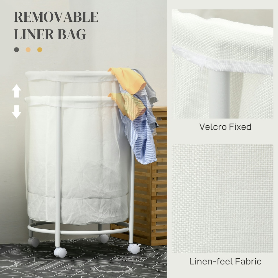 image 1 of HOMCOM 100L Round Laundry Hamper with Wheels for Bedroom Bathroom Cream White