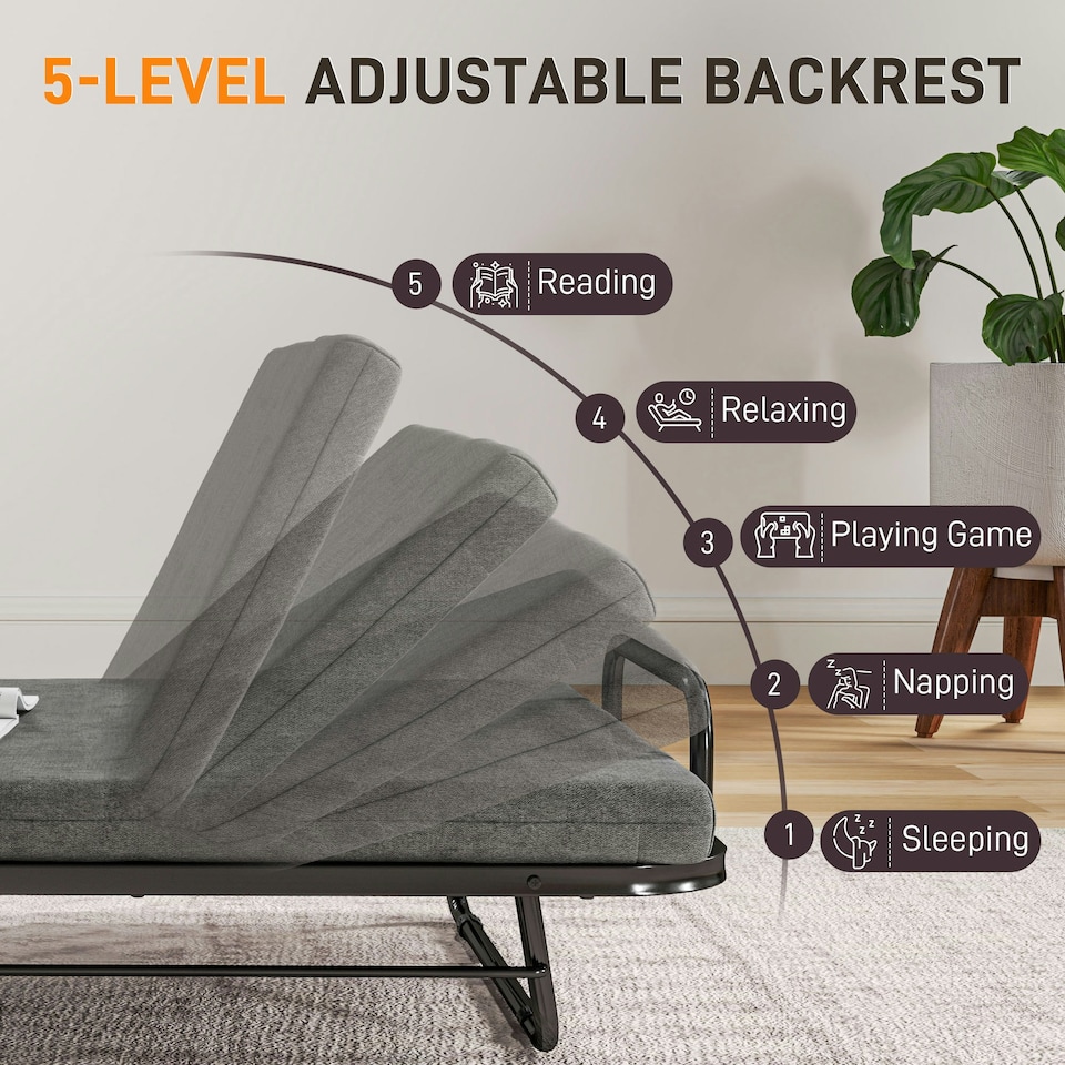 image 1 of HOMCOM Single Folding Bed with Mattress Foldable Guest Bed on Wheels, Grey