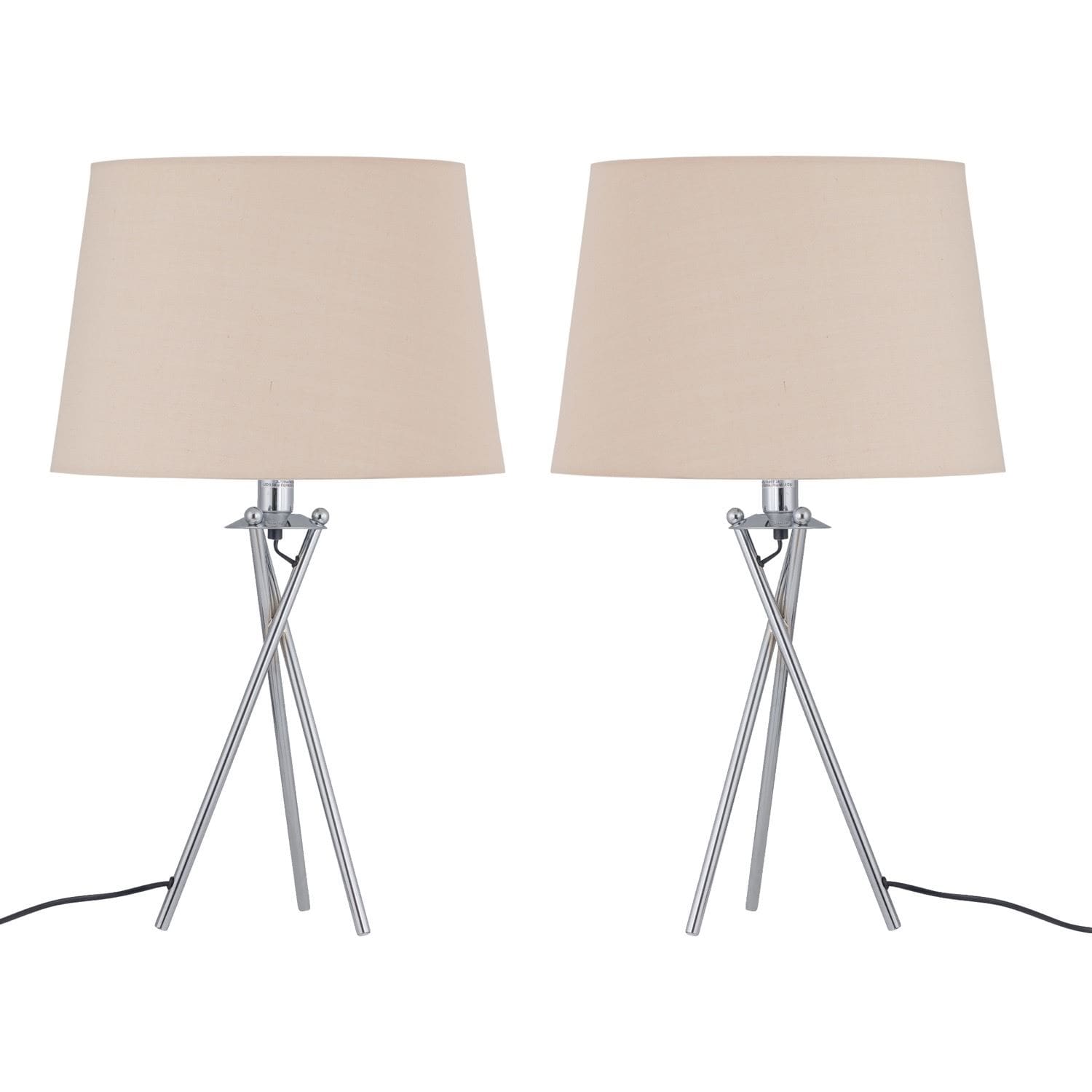 First Choice Lighting Set of 2 Tripod Table Lamps with Natural Cotton Fabric Shades in Silver