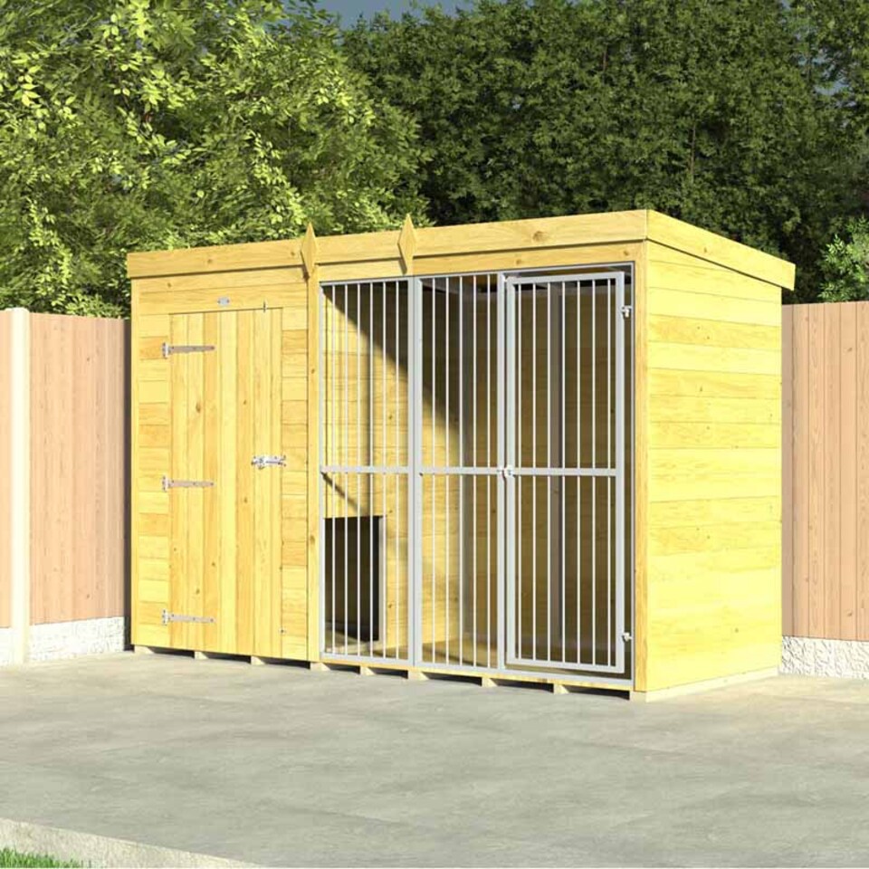 image 1 of 10ft X 6ft Dog Kennel and Run Full Height with Bars - Wood - L178 x W302 x H201 cm