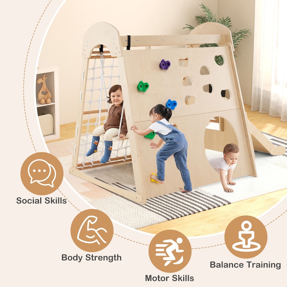 image 1 of COSTWAY 8-in-1 Indoor Jungle Gym Wooden Playground with Climbing Wall-Natural