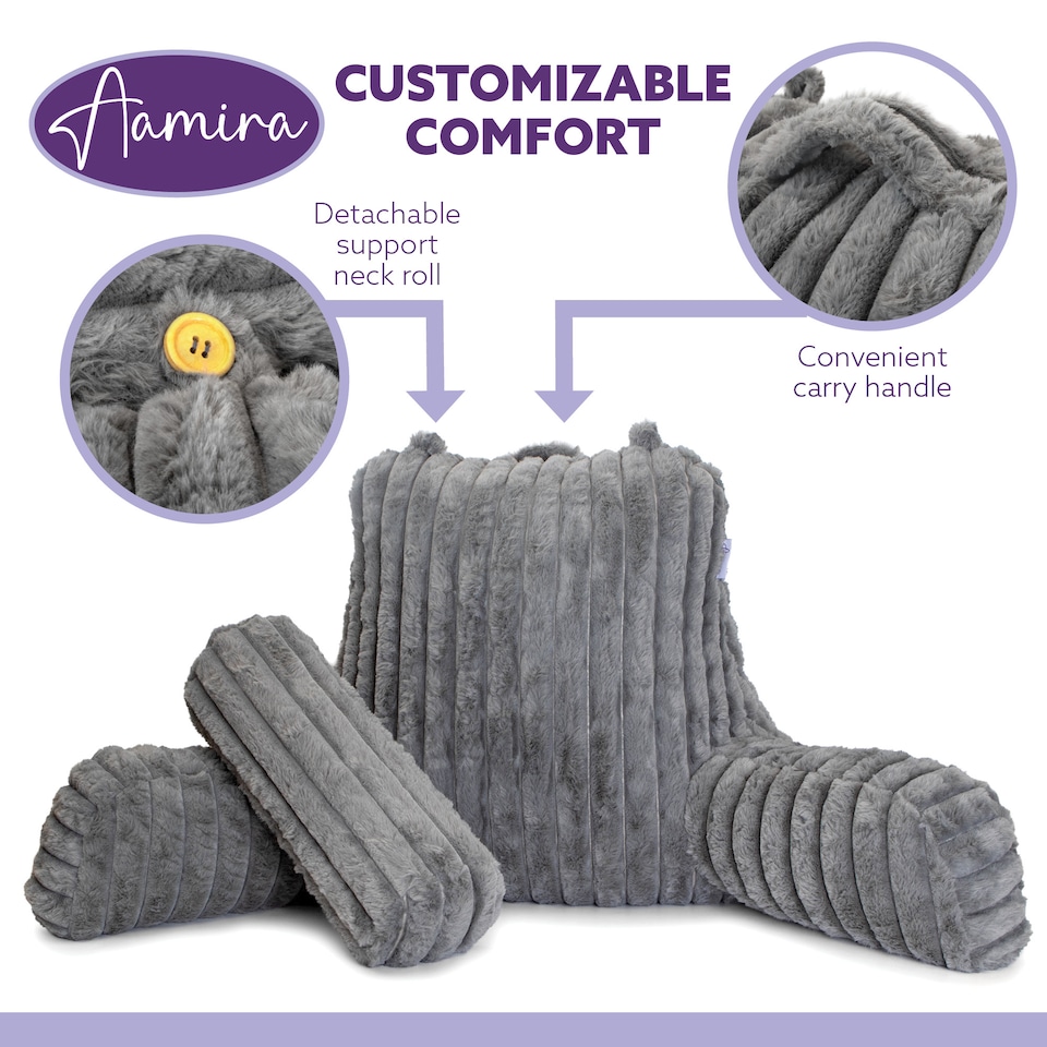 image 1 of Aamira Reading Pillow Grey Faux Fur Ribbed Memory Foam Support Cushion | Grey | Grey | Standard | 1