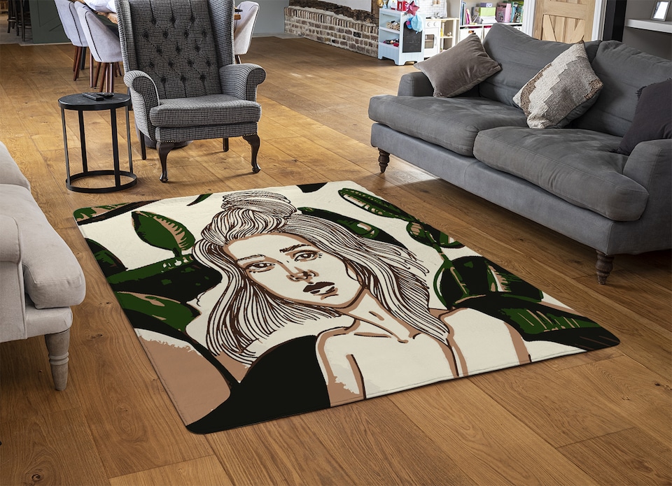 image 1 of Young Woman In Tropical Leaves Designer Rug | Multi