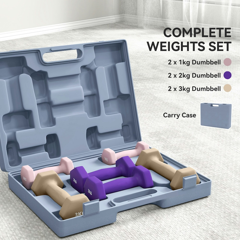 image 1 of SPORTNOW 12kg Hex Dumbbells Set with Carry Case, 2 x 1kg, 2 x 2kg, 2 x 3kg