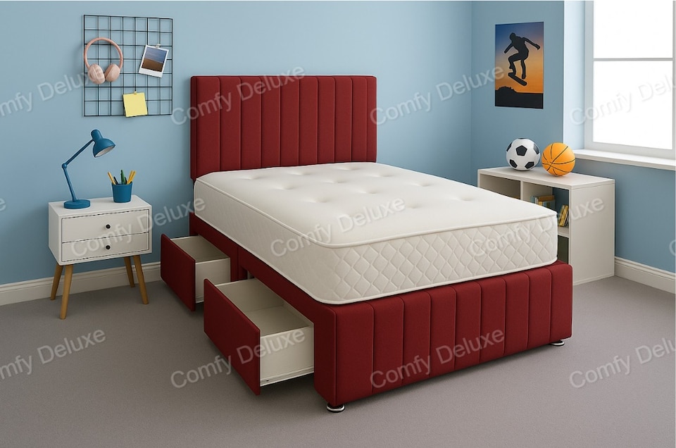 Maroon Plush 4ft Small Double Divan Bed Set Headboard & Footboard - 2 Drawers Left Side Laying in Bed