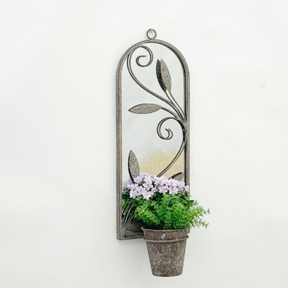 image 1 of Wall Mirror with Triple Planter for Garden Décor - Distressed Metal - L15 x W45 x H78 cm Grey
