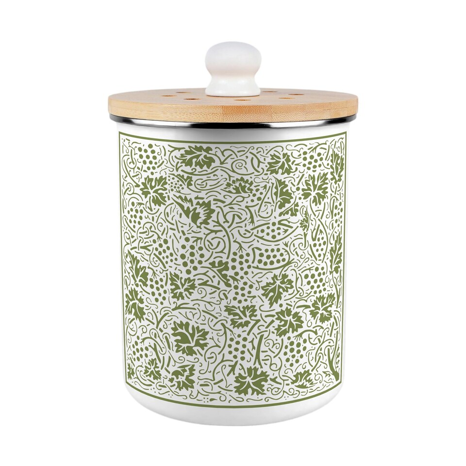 image 1 of Oak Leaves & Berries Food Waste Caddy - Metal 2L Green Decorative Kitchen Compost Bin