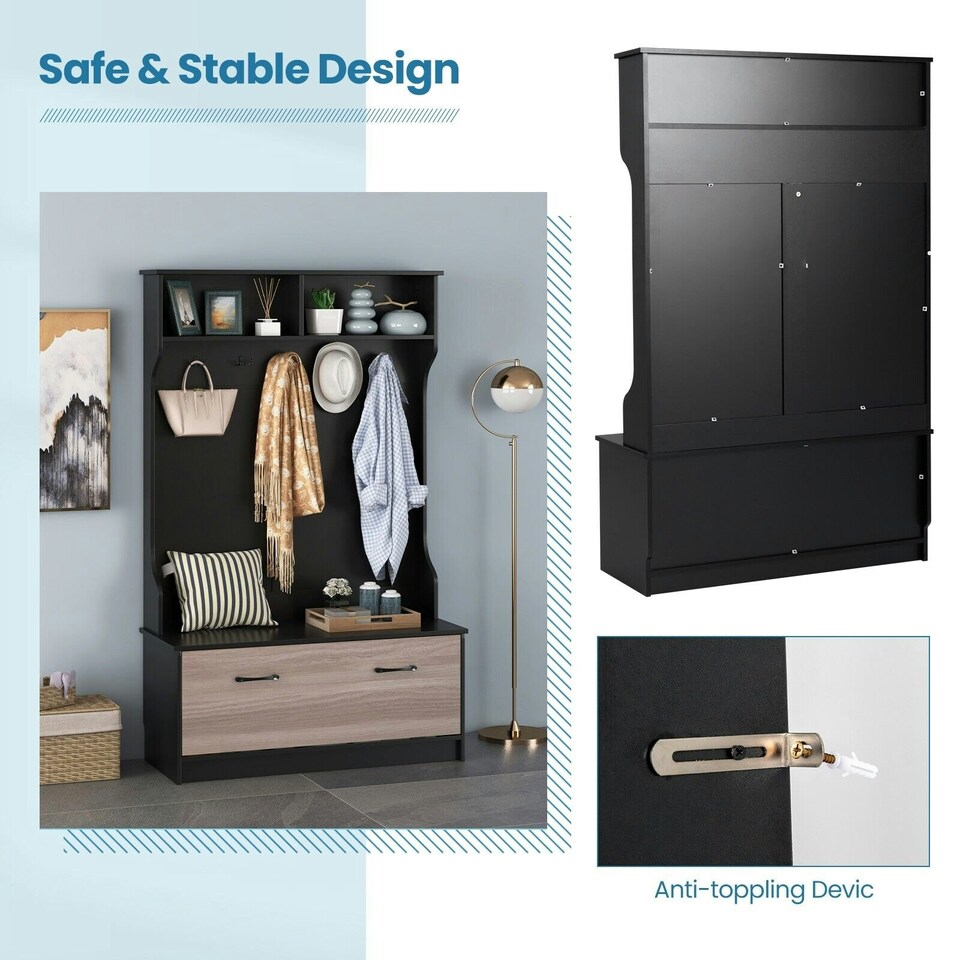 image 1 of COSTWAY 3-in-1 Freestanding Hall Coat Rack Stand Shoe Bench Black Black | One Size