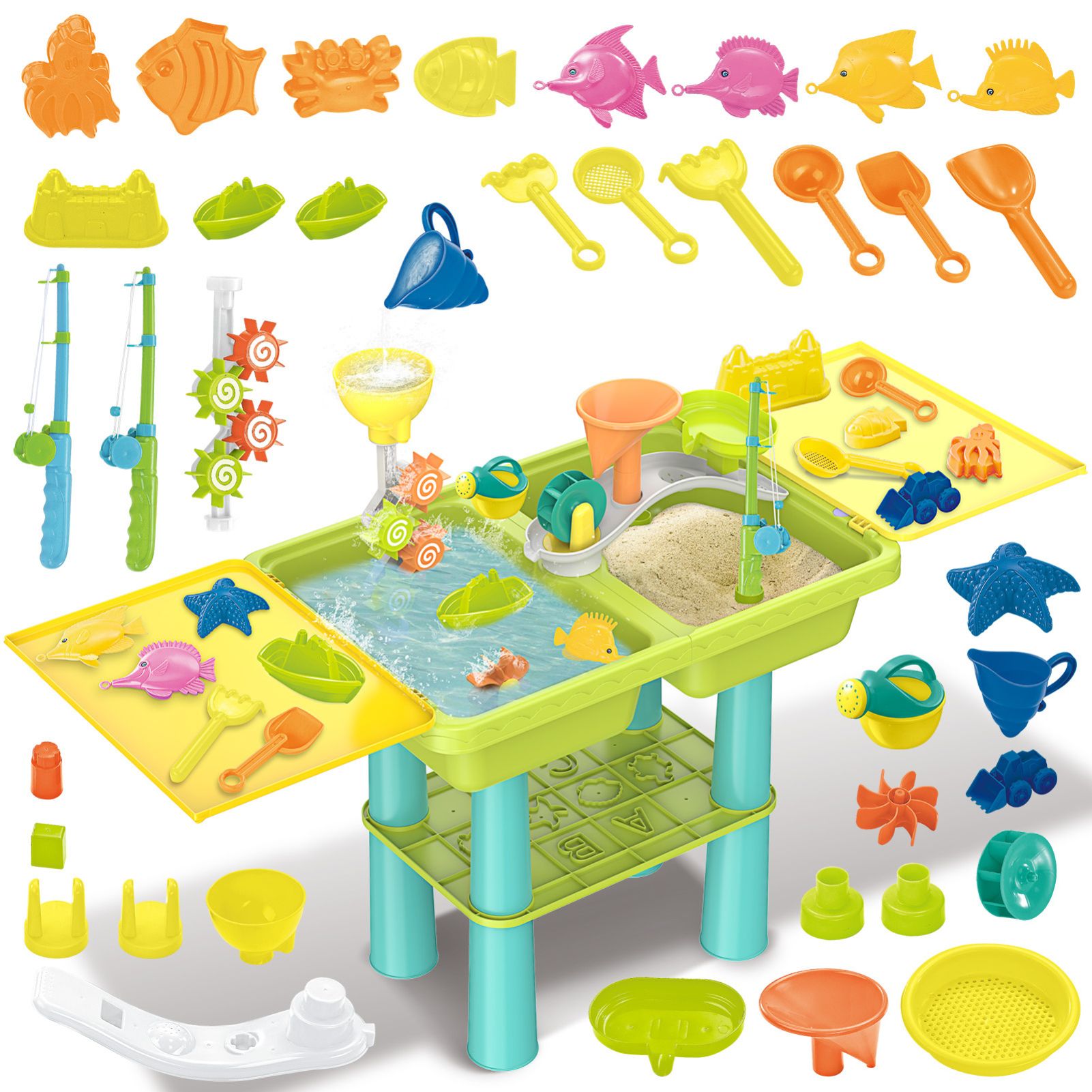 Kids 3-in-1 Water & Sand Activity Table with Fishing Game, Molds, Tools & Foldable Portable Design - Outdoor Sensory Play Set