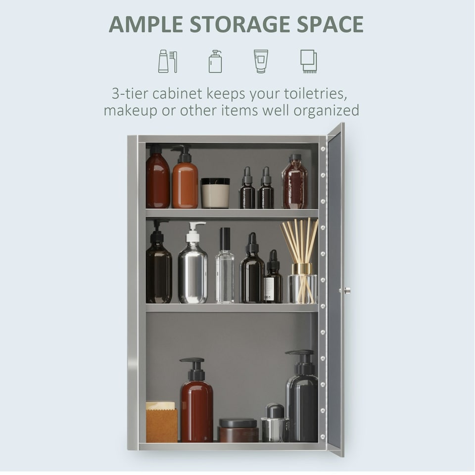 image 1 of HOMCOM Mirror Cabinet Shelves Bathroom Storage Stainless Steel Wall Cabinet
