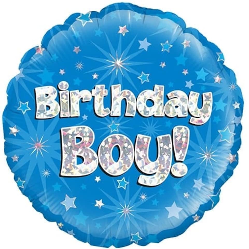 image 1 of Birthday Boy Blue Holographic Round Foil Helium Balloon 46cm / 18 in