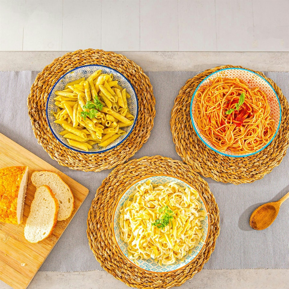 image 1 of Nicola Spring Hand-Printed Pasta Bowls - 22cm - 3 Colours - Pack of 6 Multi