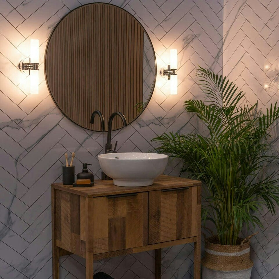 image 1 of ValueLights Canya Polished Chrome IP44 Bathroom 2 Way Frosted Reeded Glass Wall Light