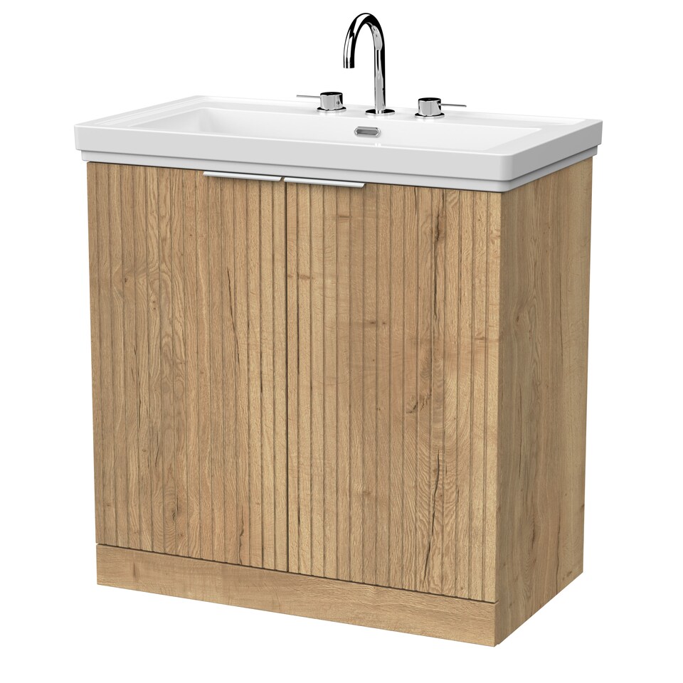 image 1 of Balterley Callingwood Contemporary Floor Standing 2 Door Vanity Unit with Traditional 3 Tap Hole Fireclay Basin , 800mm, Autumn Oak