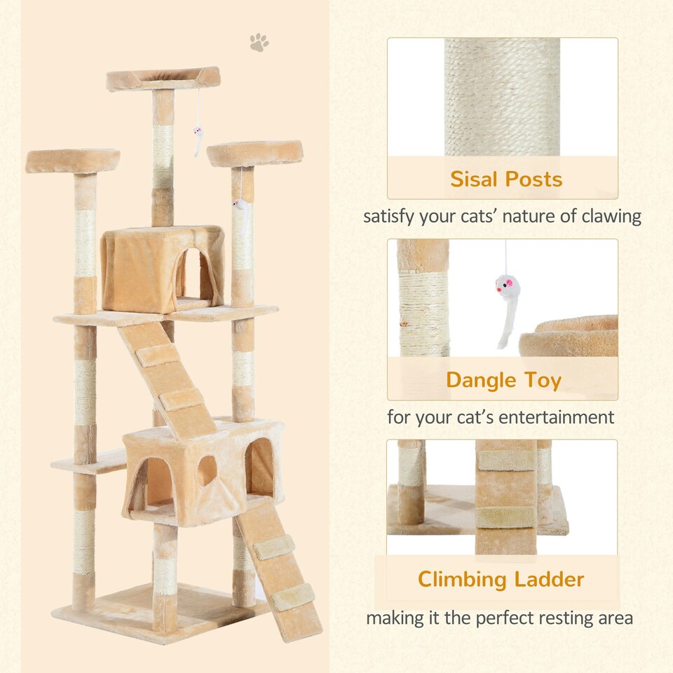 image 1 of PawHut 173cm Cat Tower Scratching Post Activity Centre for Indoor Cream