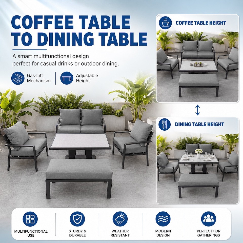 image 1 of 4 Seater 5 Piece Aluminium Garden Sofa Dining Set with Gas Lift Table, Ottoman Bench & Grey Cushions
