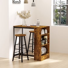 HOMCOM 3 Piece Industrial Style Bar Table Set, Pub Dining Table Set Bar Height Table and 2 Stools with Storage Shelf for Kitchen, Living Room, Rustic Brown