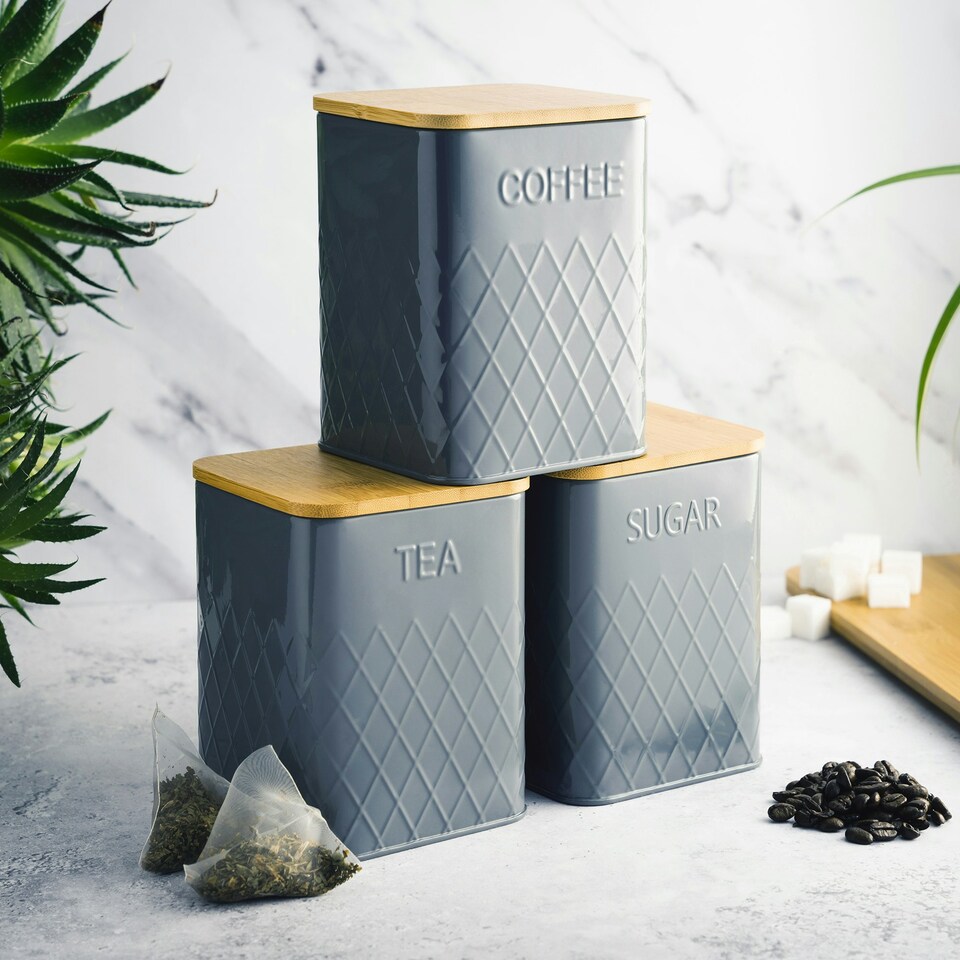 image 1 of Cooks Professional Kitchen Storage Set | 3-Piece Square with Bamboo Lids | Tea Coffee Sugar | Grey