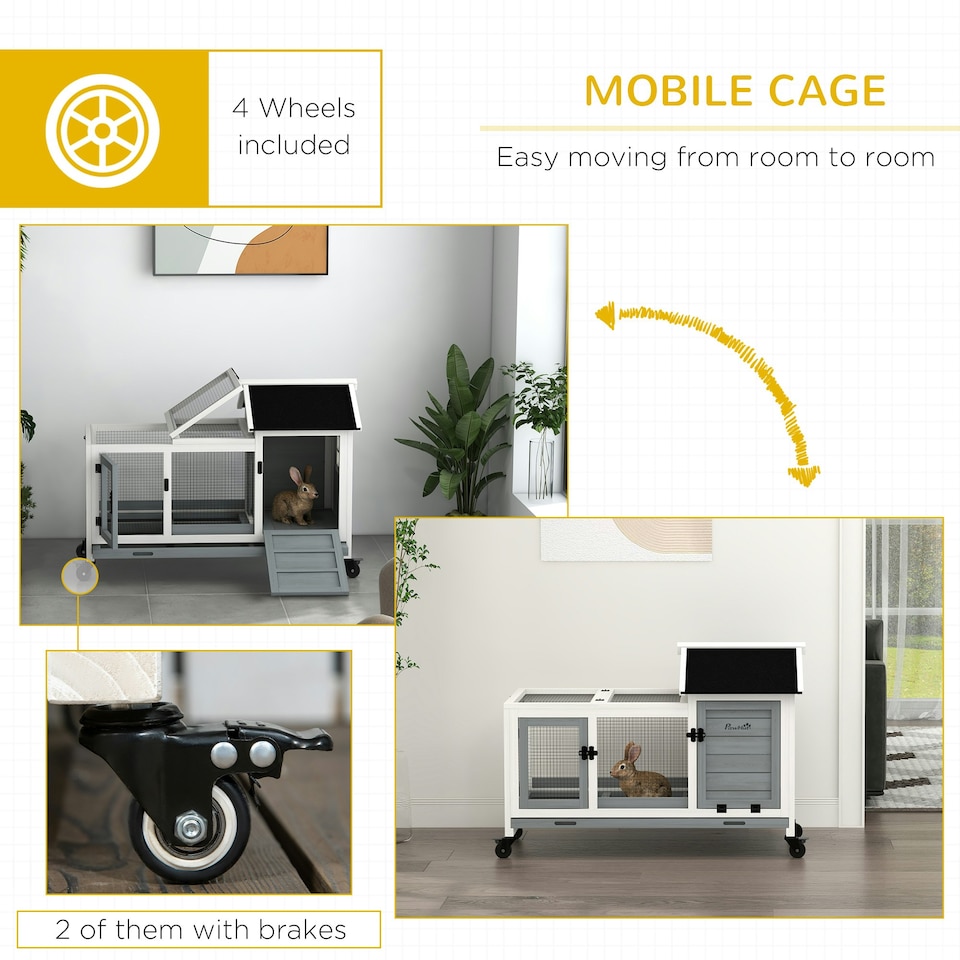 image 1 of PawHut Rabbit Hutch, Guinea Pig Cage with Wheels, Outdoor/Indoor, Grey
