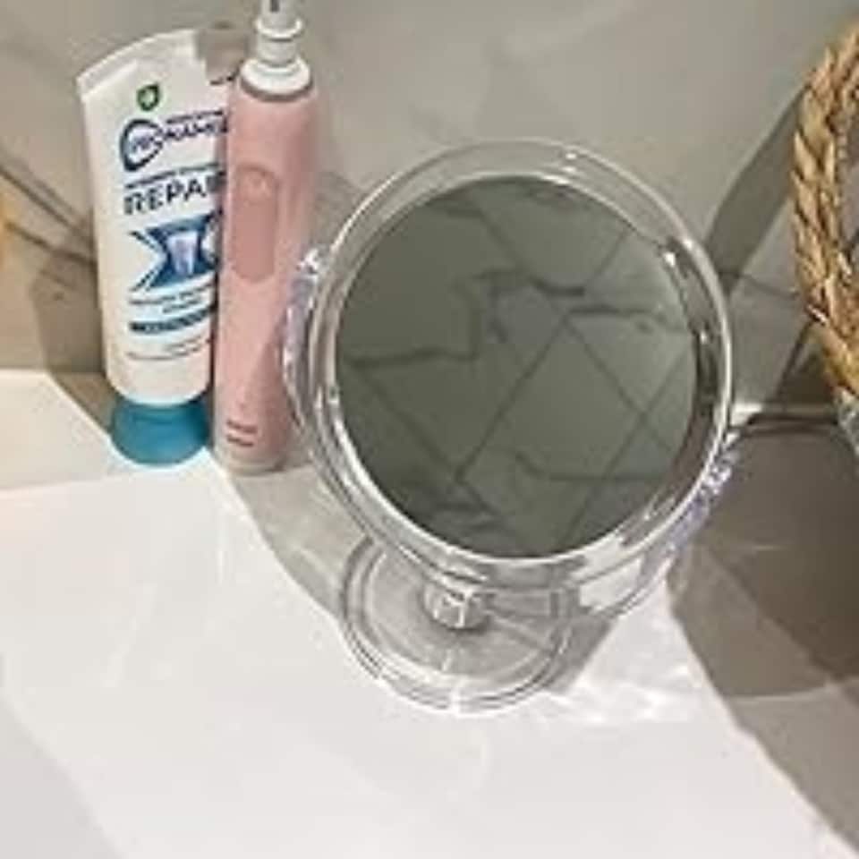 image 1 of Blue Canyon Free Standing Small Round Plastic Cosmetic Mirror Vanity Makeup Grooming Mirror for Bathroom and Bedroom