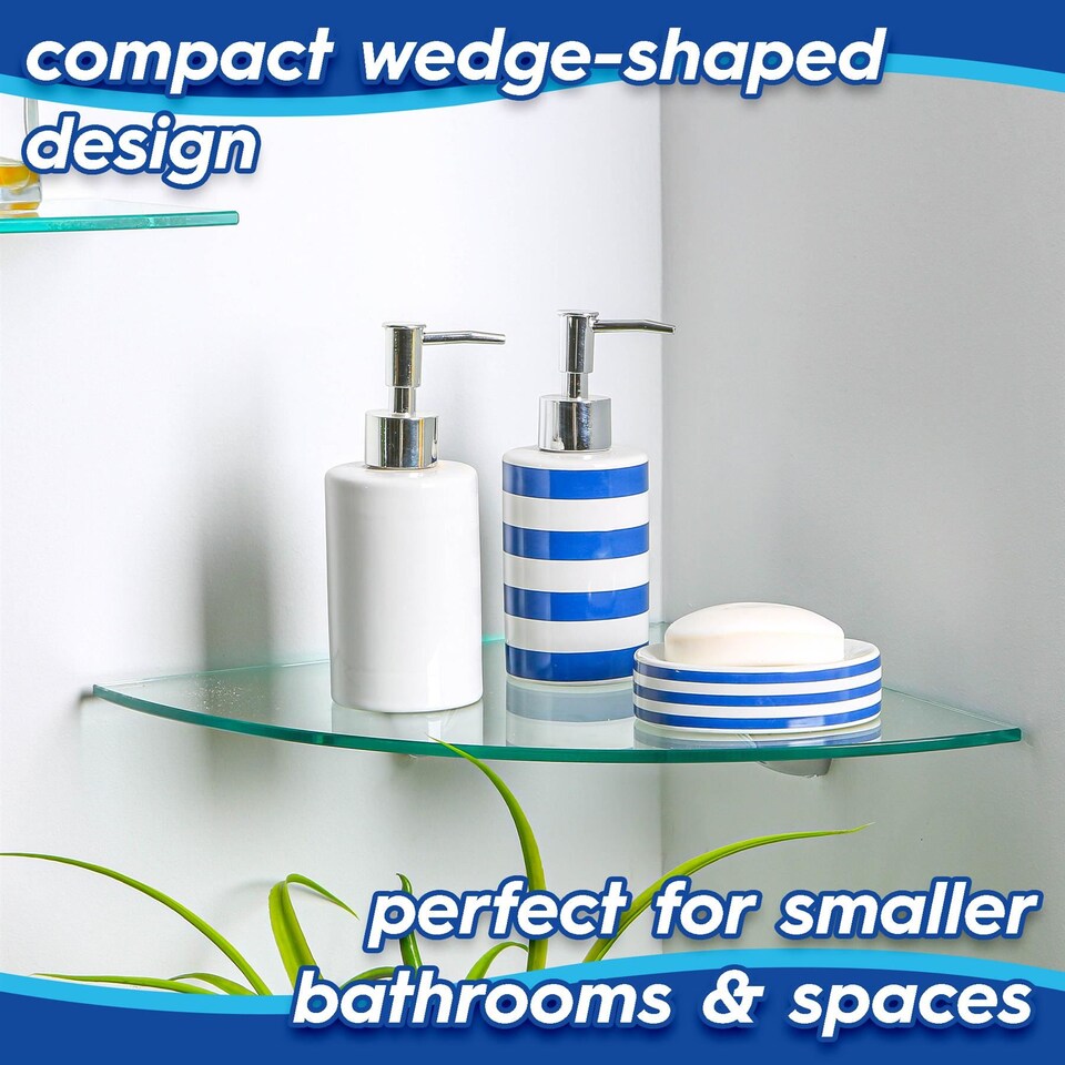 image 1 of Harbour Housewares 6x Floating Glass Corner Shelves - 20cm - Silver Brackets - Bathroom Shower Storage Vanity Display Unit Shelf | Silver | Clear/Chrome | 20 x 20 x 0.5 CM | 6