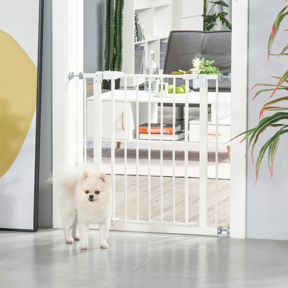 image 1 of PawHut 74-80cm Adjustable Metal Pet Gate Safety Barrier w/ Auto-Close Door White