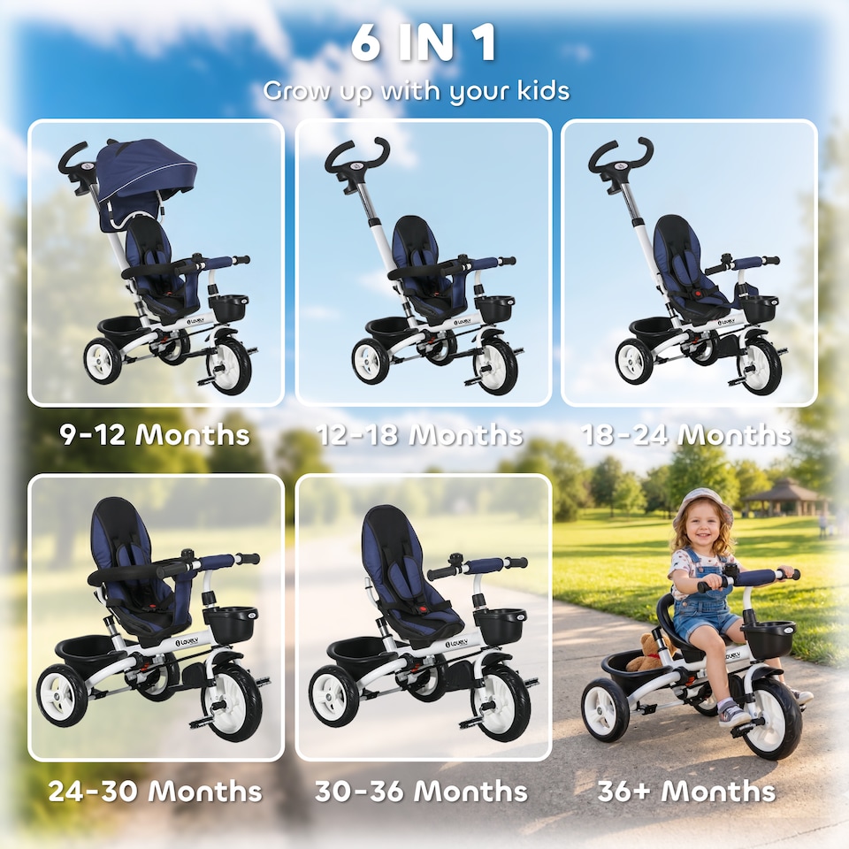 image 1 of HOMCOM 6 in 1 Trike for Toddler 1-5 Years with Parent Handle, Dark Blue
