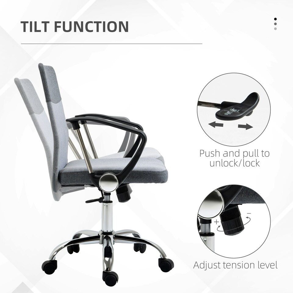 image 1 of Vinsetto Office Chair Linen Swivel Desk Chair Home Study Rocker w/ Wheel, Grey