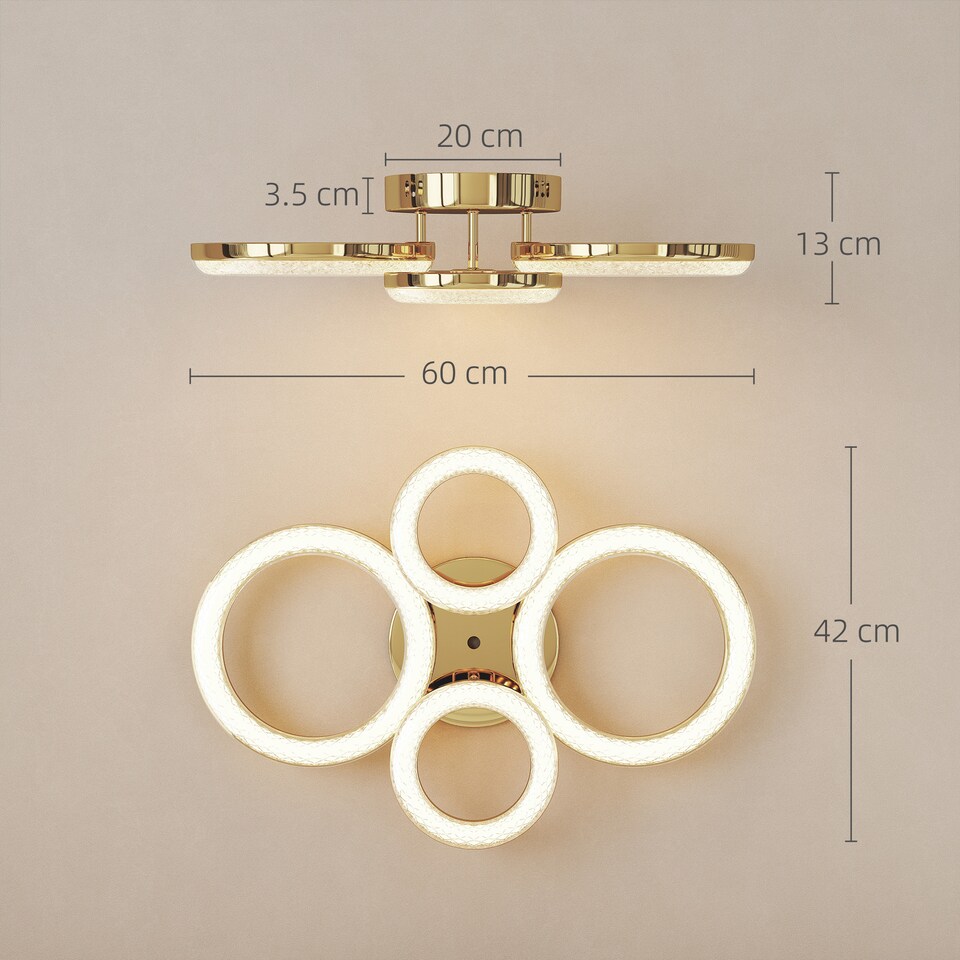 image 1 of HOMCOM LED Ceiling Light, Modern 4 Rings Ceiling Lamp with Wall Switch Control, 40W 4350lm Flush Mount Ceiling Light with 3500K/4500K/6000K Colour Temperatures for Living Room, Bedroom, Gold Tone | Gold