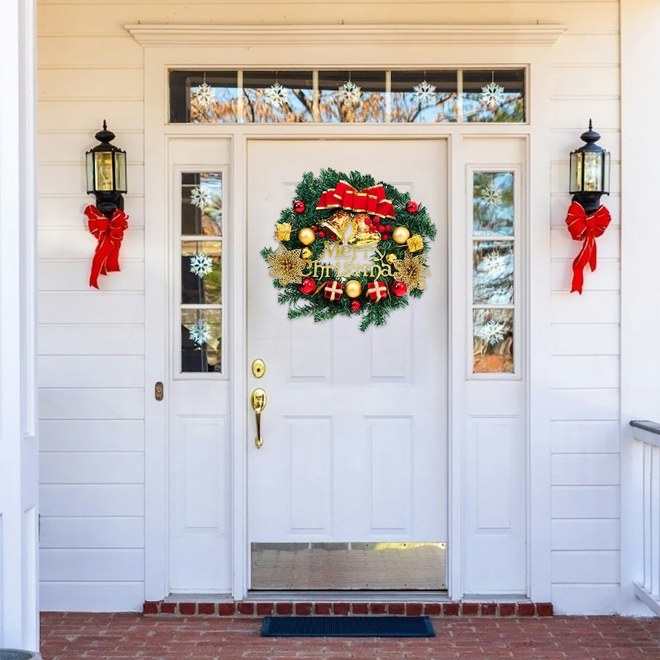 image 1 of Living and Home Christmas Artificial Wreath with Bells Bow Knots- 30cm