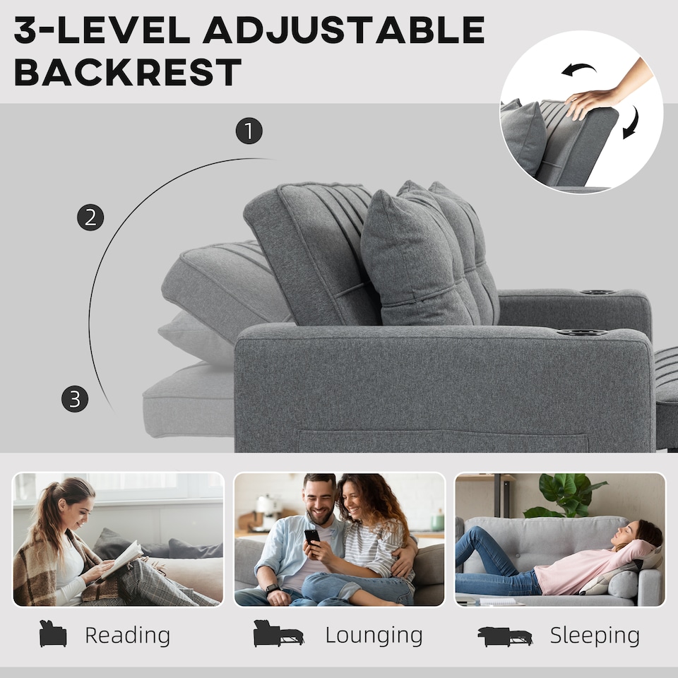 image 1 of HOMCOM 2 Seater Sofa Bed, Linen Click Clack Sleeper Sofa with Pull Out Design, 2 Pillows, Cup Holders, Side Pockets, Convertible Loveseat Bed Settee for Living Room, 157x190cm, Charcoal Grey | Grey